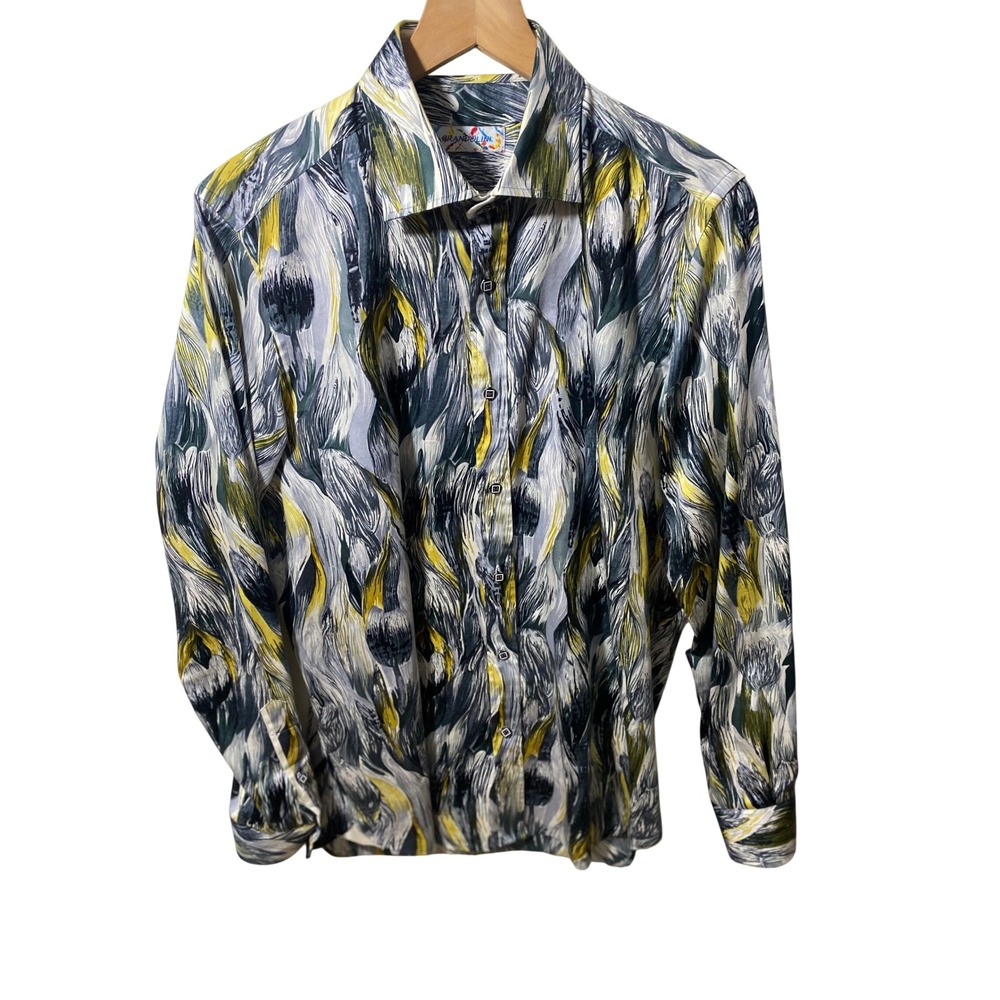 Brandolini Mens Abstract Print Button Down Shirt Grey Yellow Long Sleeve XL
